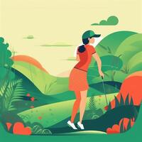 menina jogador de golfe jogando uma verde fundo, desenho animado ilustração com generativo ai foto