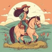 uma menina equitação em uma cavalo, desenho animado ilustração com generativo ai foto