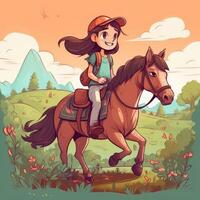 uma menina equitação em uma cavalo, desenho animado ilustração com generativo ai foto