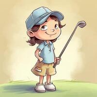 menina jogador de golfe jogando uma verde fundo, desenho animado ilustração com generativo ai foto