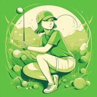 menina jogador de golfe jogando uma verde fundo, desenho animado ilustração com generativo ai foto