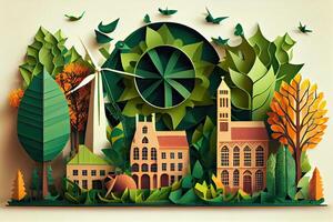 generativo ai ilustração do verde folha imagem dentro a papel arte estilo com árvores, cidade construção silhuetas, moinhos de vento, e solar painéis. a preservação do ecologia. uma verde energia idéia foto