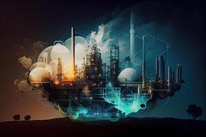 generativo ai ilustração do uma Duplo exposição obra de arte, a óleo, gás, e petroquímico refinaria instalação demonstra a futuro do eletricidade e a engenheiro foto