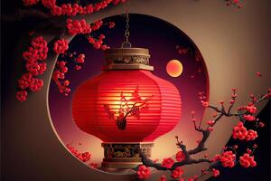 generativo ai ilustração do chinês tradicional vermelho festival fundo com uma chinês vermelho ameixa florescer, lanterna, Primavera festival, Novo ano, chinês tradicional cultura elemento foto