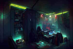 generativo ai ilustração do bagunçado e Sombrio cyberpunk hacker esconderijo quarto com luzes foto
