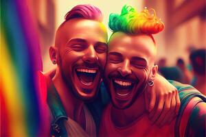 generativo ai ilustração do diversidade jovem gay mulheres e homens com acenando orgulho arco Iris bandeira. apoiantes do a lgbt comunidade. neural rede gerado arte. digitalmente gerado imagem. foto