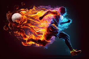 generativo ai ilustração do a essência do uma futebol jogador dentro movimento Como elas pontapé uma bola com intenso energia, cercado de vibrante cores e salpicos foto