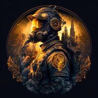 generativo ai ilustração do cyberpunk astronauta com uma industrial fumaça, mecânico detalhe em ombros, poluição, centrado dentro intrincado ouro e fogo círculo do cidade e arranha-céus foto