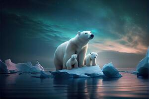 generativo ai ilustração do família branco Urso em iceberg, aurora céu foto