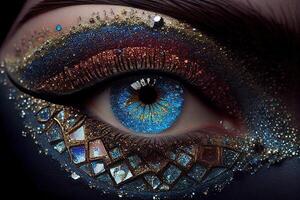 generativo ai ilustração do lindo fêmea olhos com carnaval vidro brilhante sombra. fechar foco. foto