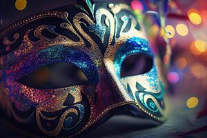 generativo ai ilustração do a vibrante energia e excitação do brasileiro carnaval, veneziano carnaval mascarar e confete com abstrato desfocado bokeh luzes e brilhante serpentinas foto