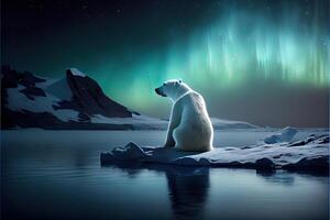 generativo ai ilustração do solitário branco Urso em iceberg, aurora céu foto