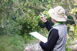 botânico masculino asiático está inspecionando e registrando informações sobre árvores no papel. conceito, pesquisa, pesquisa de plantas botânicas. conservação florestal e ambiental. foto