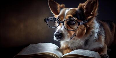 generativo ai ilustração do inteligente sério cachorro dentro óculos lendo uma livro, Volumn luz foto