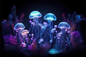 generativo ai ilustração do brilhando mar medusas em Sombrio fundo, luz, Magia, mar foto