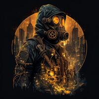 generativo ai ilustração do cyberpunk bio perigo protetora terno com uma industrial fumaça, poluição, centrado dentro intrincado ouro e fogo círculo do cidade e arranha-céus foto