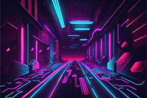 generativo ai ilustração do jogos fundo, abstrato cyberpunk estilo do jogador papel de parede, néon brilho luz do scifi fluorescente Gravetos. digitalmente gerado imagem foto