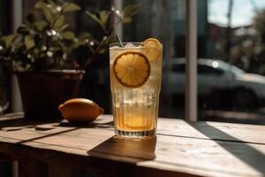 frio limonada dentro vidro em mesa ao ar livre cafeteria generativo ai foto