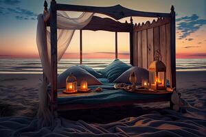generativo ai ilustração do uma romântico tarde de a mar, apresentando uma acolhedor de madeira cama adornado com velas e saudações, todos iluminado de a caloroso brilho do uma lindo pôr do sol foto