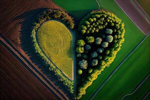 generativo ai ilustração do a aéreo foto exibindo grande Campos com uma variedade do cultivo crescendo em eles, usando a permacultura e poli cultura princípios, que estão benéfico para a ecologia