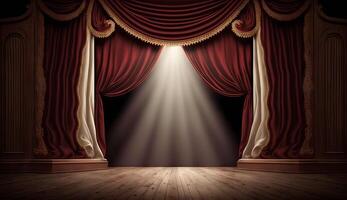 clássico marrom cortinas com luz desceu para a Centro do a estágio. generativo ai foto