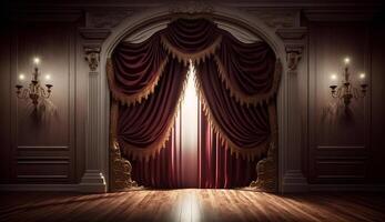 clássico marrom cortinas com luz desceu para a Centro do a estágio. generativo ai foto