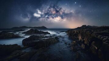 leitoso caminho e montanhas às noite. lindo panorama com brilhante leitoso caminho arco, rochoso caminho, estrelado céu às noite dentro Nepal. trilha dentro montanha vale, céu com estrelas. generativo ai foto