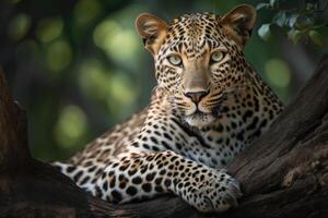 fechar acima jovem leopardo retrato. fechar acima lindo Bravo grande leopardo dentro floresta. generativo ai foto