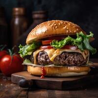 carne hambúrgueres em de madeira placa. fresco saboroso hamburguer em Preto fundo. delicioso caseiro hambúrgueres do carne bovina, queijo e legumes em a velho de madeira mesa. gordo pouco saudável Comida fechar-se. generativo ai. foto