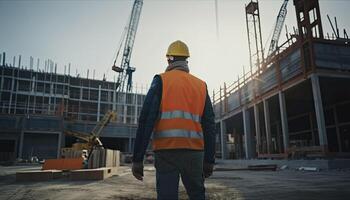 construção conceito. às costas do a construção trabalhador cabeça que é vestindo a segurança capacete e verificação trabalhos às a construção local. inexistente pessoa. generativo ai foto