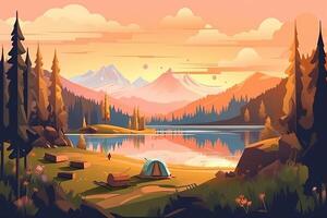 verão floresta ou montanha turista área de camping ou acampamento com tendas e lareira, plano desenho animado vetor ilustração. verão mochileiros acampamento fundo. generativo ai. foto