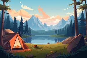 verão floresta ou montanha turista área de camping ou acampamento com tendas e lareira, plano desenho animado vetor ilustração. verão mochileiros acampamento fundo. generativo ai. foto