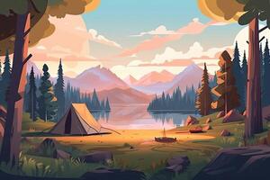 verão floresta ou montanha turista área de camping ou acampamento com tendas e lareira, plano desenho animado vetor ilustração. verão mochileiros acampamento fundo. generativo ai. foto