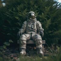 a astronauta sentado em uma cadeira aquecendo dentro verde floresta. generativo ai foto