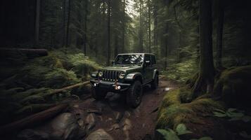 fora da estrada raça em outono natureza fundo. carros corrida dentro outono floresta. suv ou fora da estrada carro em caminho coberto com Relva cruzando poça com sujeira splash. generativo ai. foto