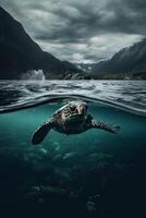tropical paraíso modelo com luz solar. oceano surfar onda quebra e tartarugas mergulho embaixo da agua. generativo ai. foto