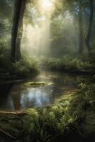 a pequeno lago dentro a encantado mágico floresta dentro a manhã dentro uma névoa dentro a sol, árvores dentro uma neblina do luz, brilhando névoa entre a árvores generativo ai. foto