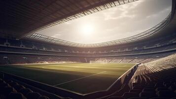 antes corresponder. estádio e neon colorida lanternas fundo. folheto com copyspace dentro moderno cores. conceito do esporte, concorrência, ganhando, Ação. esvaziar área para campeonatos. generativo ai. foto