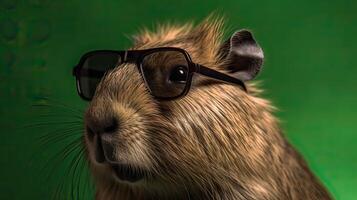 solteiro capivara com oculos de sol em brilhante verde fundo a cabeça olhando à moda e legal. generativo ai. foto