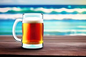 fechar-se Cerveja caneca com tropical verão borrão de praia fundo, generativo ai foto