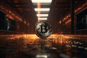 ouro moeda bitcoin em uma Preto fundo. a conceito do criptografia moeda. blockchain tecnologia. misturado meios de comunicação. generativo ai. foto