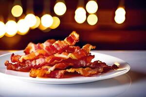 profundo frito bacon em uma prato, generativo ai foto