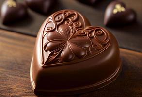 uma lindo em forma de coração chocolate é em uma mesa. gerar ai. foto