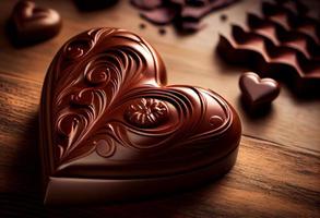 uma lindo em forma de coração chocolate é em uma mesa. gerar ai. foto