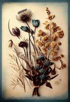 foto seco flores e plantas sobre Antiguidade vintage cartão. gerar ai