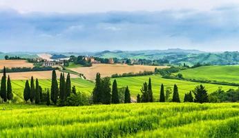 Fazenda em colinas curvas na Toscana foto
