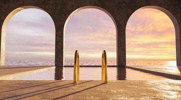 piscina com vista mar e escada dourada com arcos foto