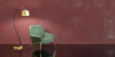 design interior minimalista com detalhes dourados, abajur e sofá, renderização em 3D foto