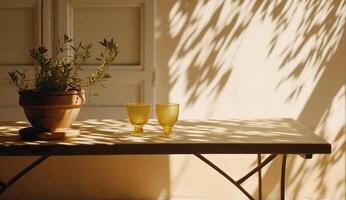 moderno ainda vida exterior estilo de vida Mediterrâneo dentro verão cena, plantar em vaso e óculos em mesa com sombra sobreposição, generativo ai foto