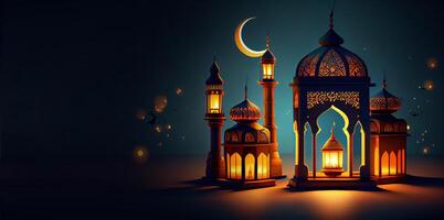generativo ai ilustração do islâmico feriado. Ramadã noite. mesquita e lanterna exibido em estágios com brilhando luz dentro a tarde. papel de parede e bandeira fundo. foto